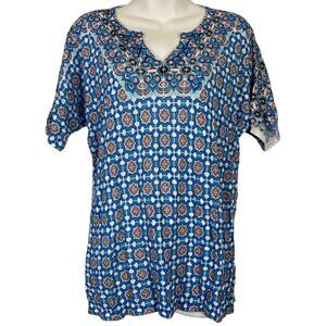 CHICO'S Blue Orange Knit V-Neck Short Sleeve Ramie & Rayon Blend Thin Sweater 1